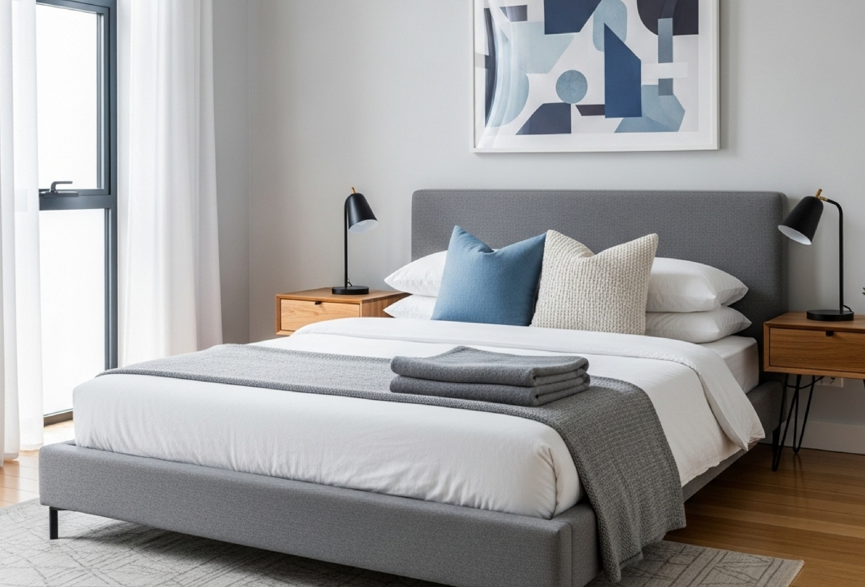 Bright and airy room with cleaning supplies.